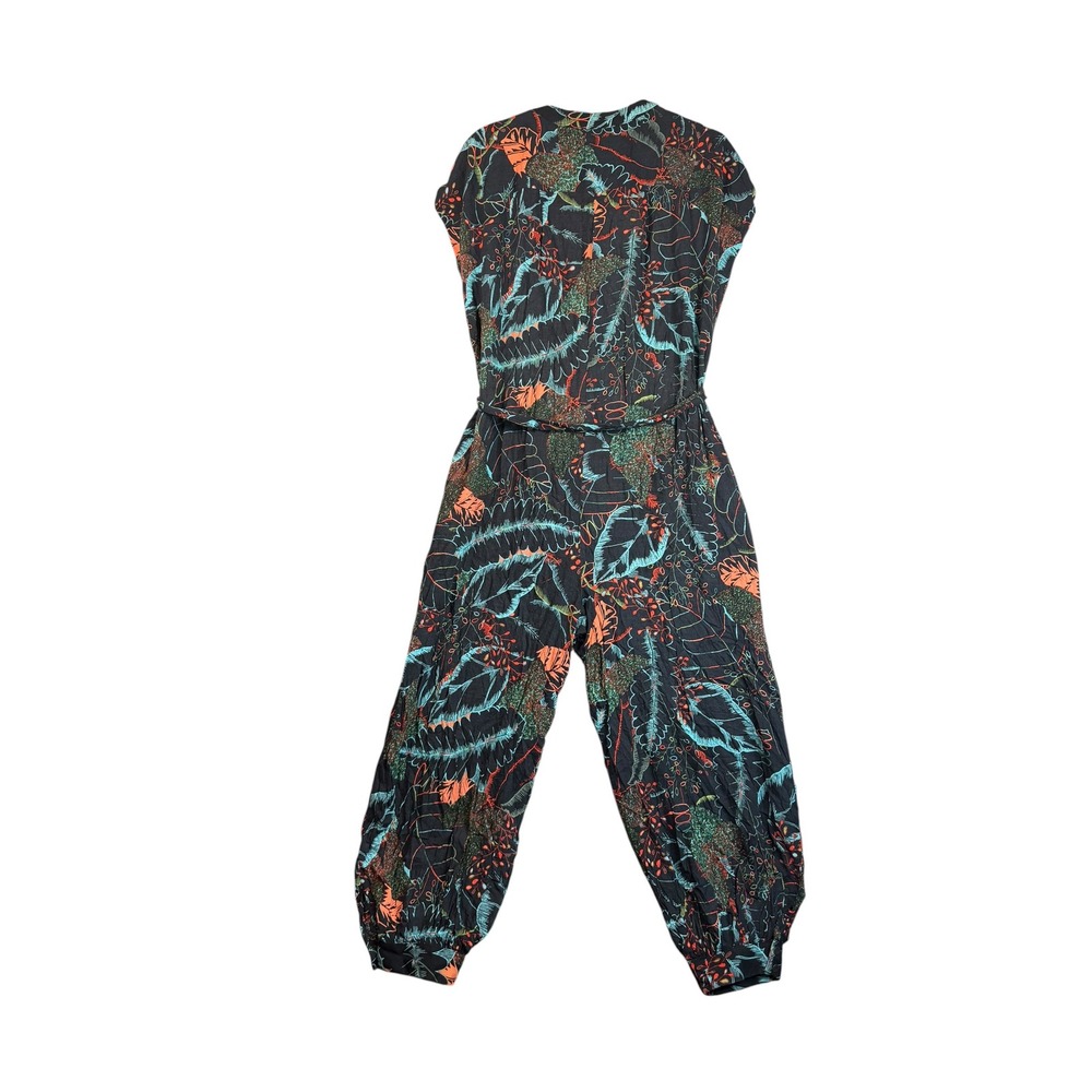 Anthropologie Maeve Tropical‎ Botanical Print Jumpsuit Black Teal Orange Small